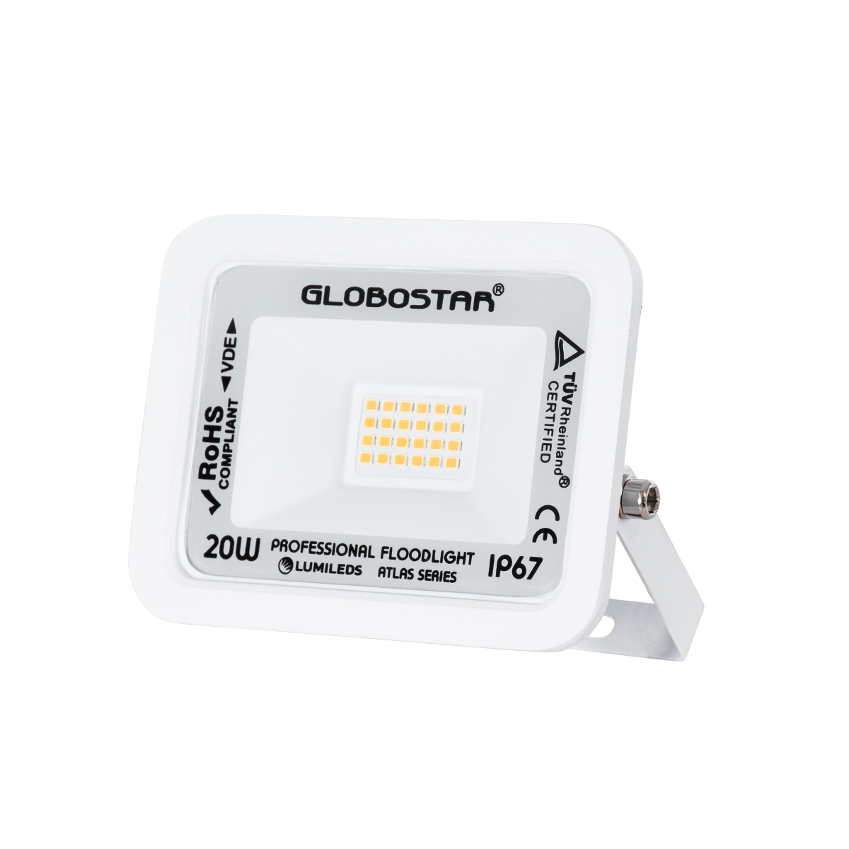GloboStar® ATLAS 61409 Επαγγελματικός Προβολέας LED 20W 2300lm 120° AC 220-240V – Αδιάβροχος IP67 – Μ12 x Π2.5 x Υ9.5cm – Λευκό – Θερμό Λευκό 2700K – LUMILEDS Chips – TÜV Rheinland Certified – 5 Years Warranty