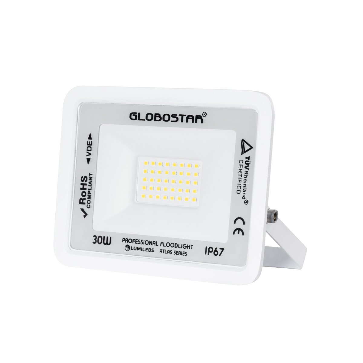 GloboStar® ATLAS 61414 Επαγγελματικός Προβολέας LED 30W 3600lm 120° AC 220-240V – Αδιάβροχος IP67 – Μ16 x Π2.5 x Υ12.5cm – Λευκό – Φυσικό Λευκό 4500K – LUMILEDS Chips – TÜV Rheinland Certified – 5 Years Warranty