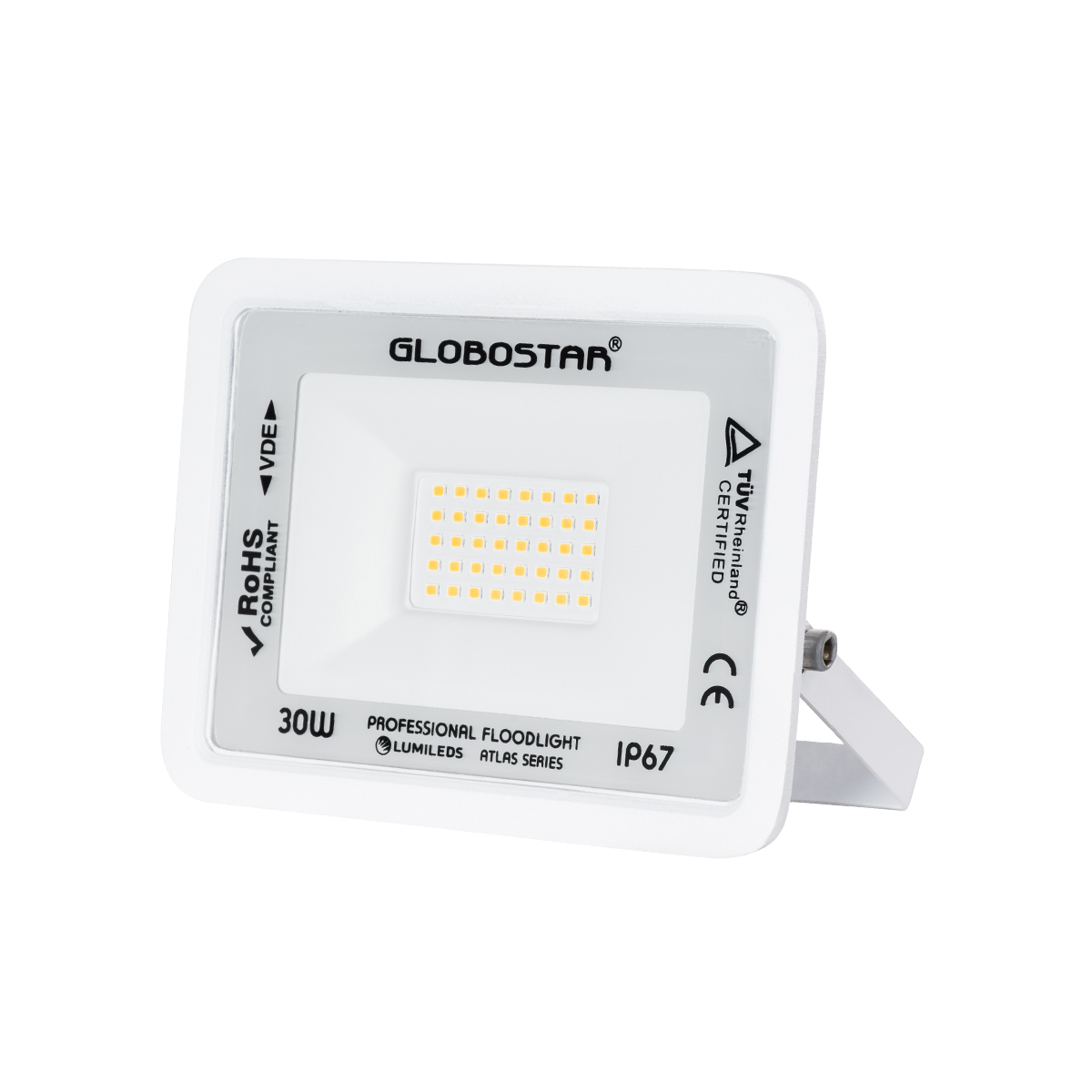 GloboStar® ATLAS 61415 Επαγγελματικός Προβολέας LED 30W 3450lm 120° AC 220-240V – Αδιάβροχος IP67 – Μ16 x Π2.5 x Υ12.5cm – Λευκό – Θερμό Λευκό 2700K – LUMILEDS Chips – TÜV Rheinland Certified – 5 Years Warranty