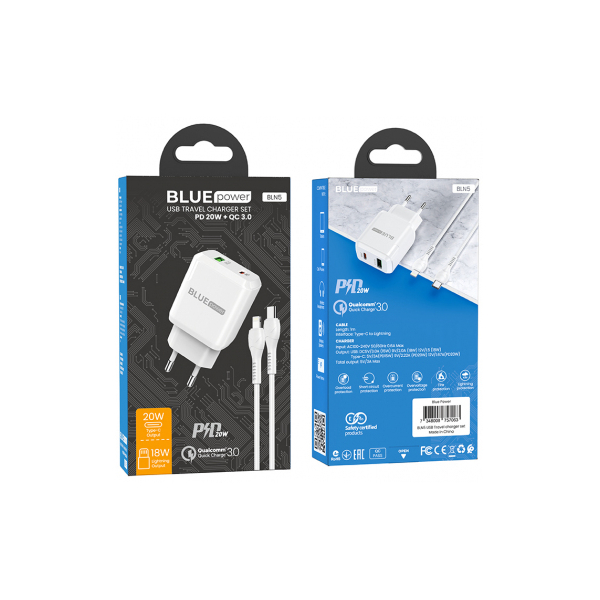 BLUE POWER TRAVEL CHARGER PD 20W+QC 3.0 WITH TYPE C DATA CABLE white