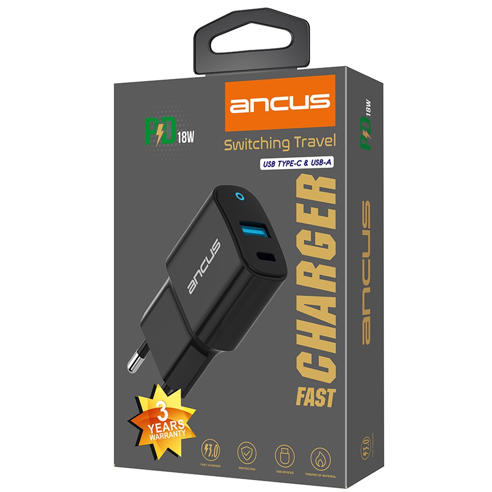 Φορτιστής Ταξιδίου Ancus Supreme Series Dual με USB και USB-C PD 18W 5V/3.4A Μαύρος με ένδειξη LED