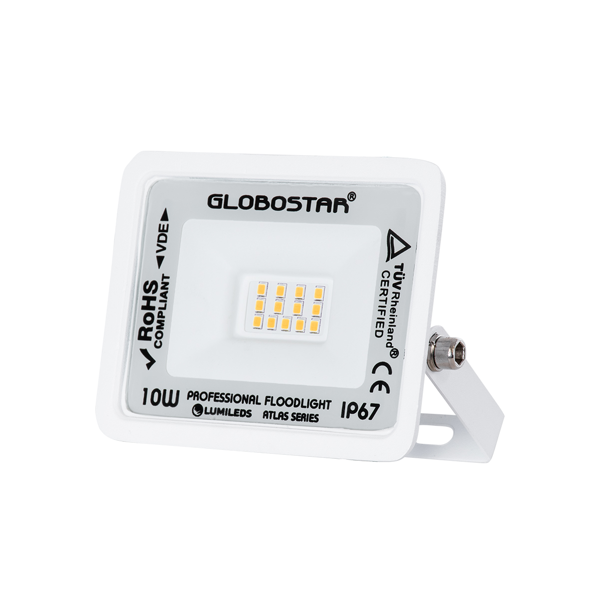 GloboStar® ATLAS 61406 Επαγγελματικός Προβολέας LED 10W 1150lm 120° AC 220-240V – Αδιάβροχος IP67 – Μ10 x Π2 x Υ8cm – Λευκό – Θερμό Λευκό 2700K – LUMILEDS Chips – TÜV Rheinland Certified – 5 Years Warranty