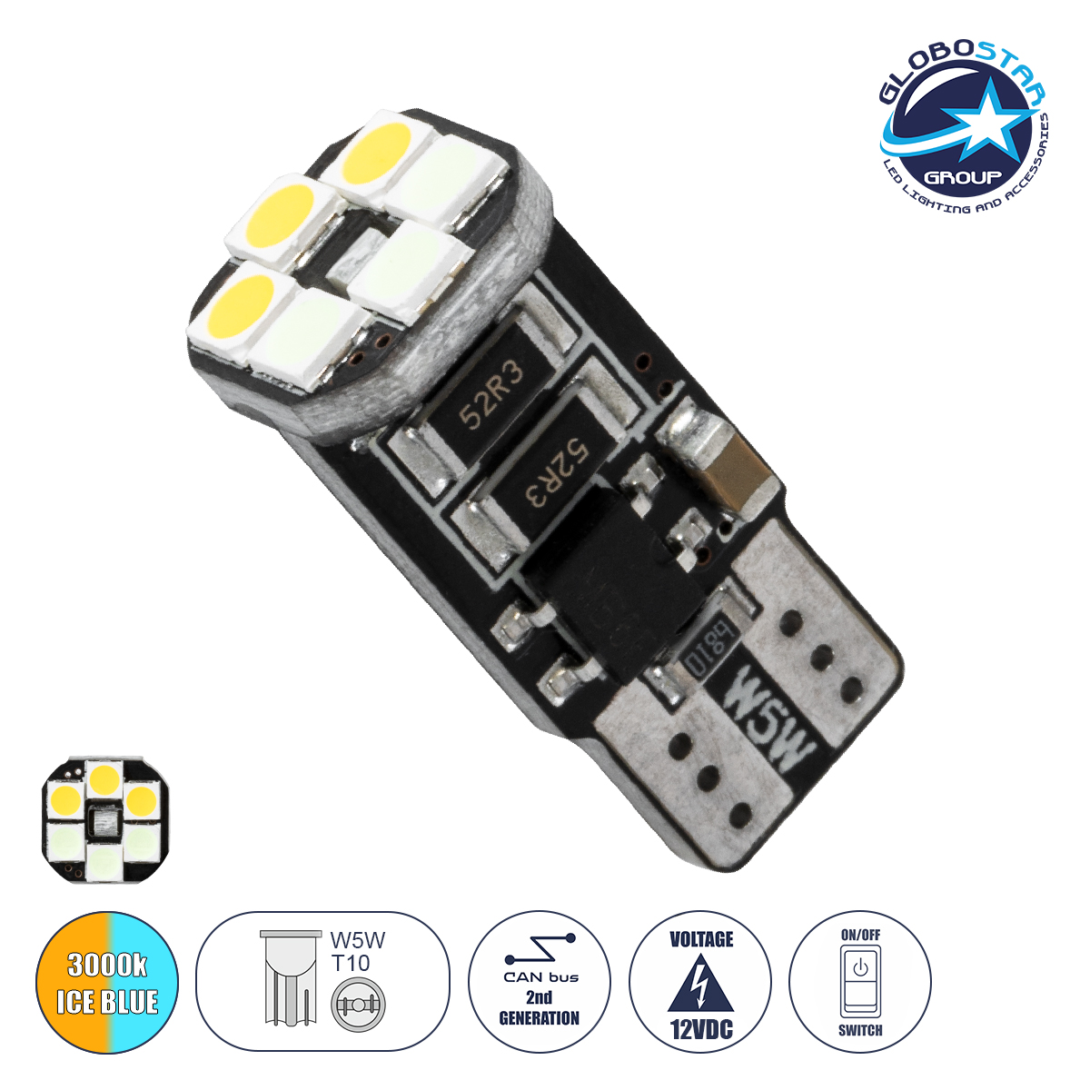 GloboStar® 81466 Λάμπα Αυτοκινήτου LED 3 Stage Color Change by Switch On/Off T10 W5W 2rd Generation Can-Bus Series 10xSMD3535 1.3W 156lm 360° DC 10-48V IP20 Μ1 x Π1 x Υ2.5cm Θερμό Λευκό 3000K & Ice Blue
