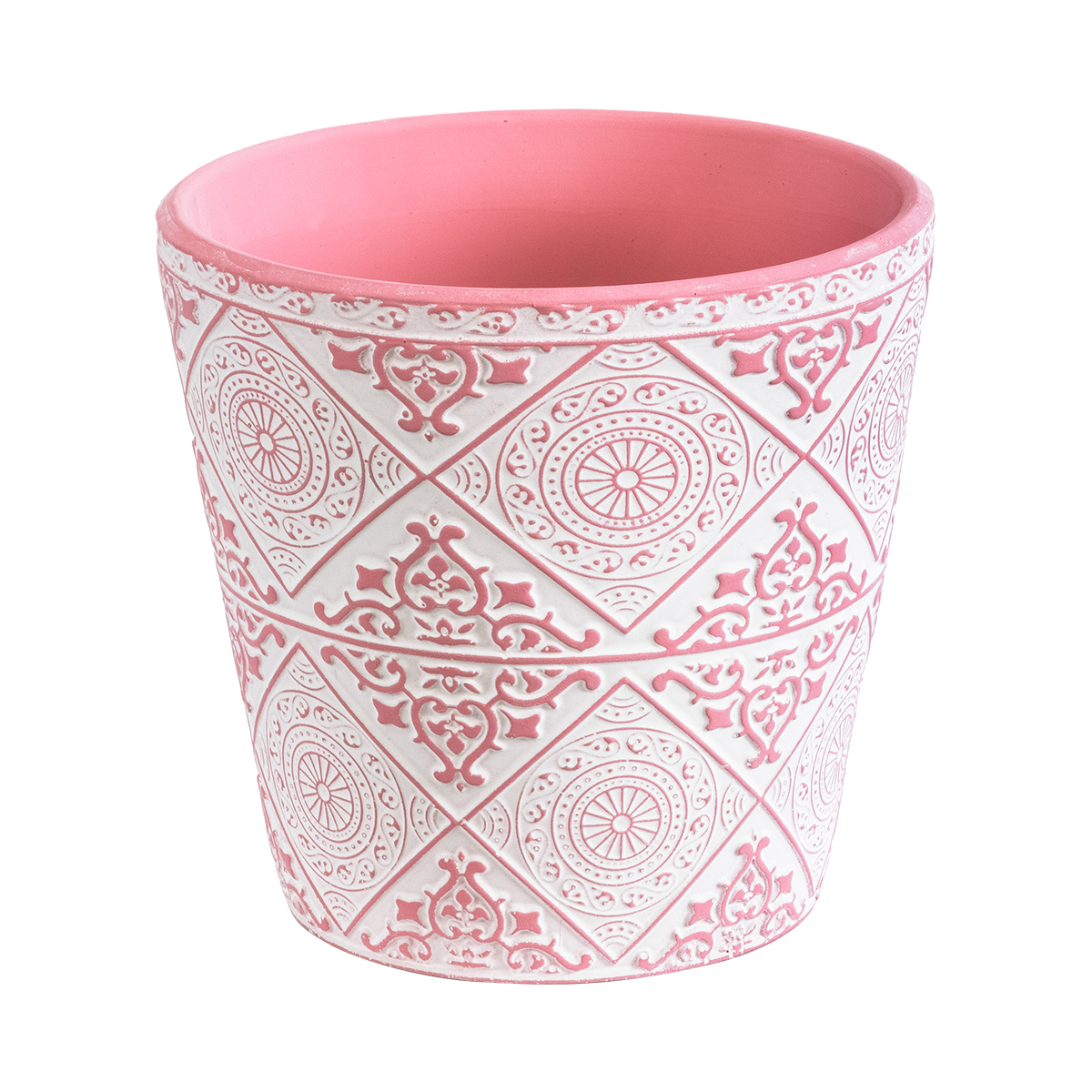GloboStar® Artificial Garden CAIRO 20516 Διακοσμητικό Κεραμικό Κασπώ Γλάστρα – Flower Pot Λευκό με Ροζ Φ14 x Υ13cm
