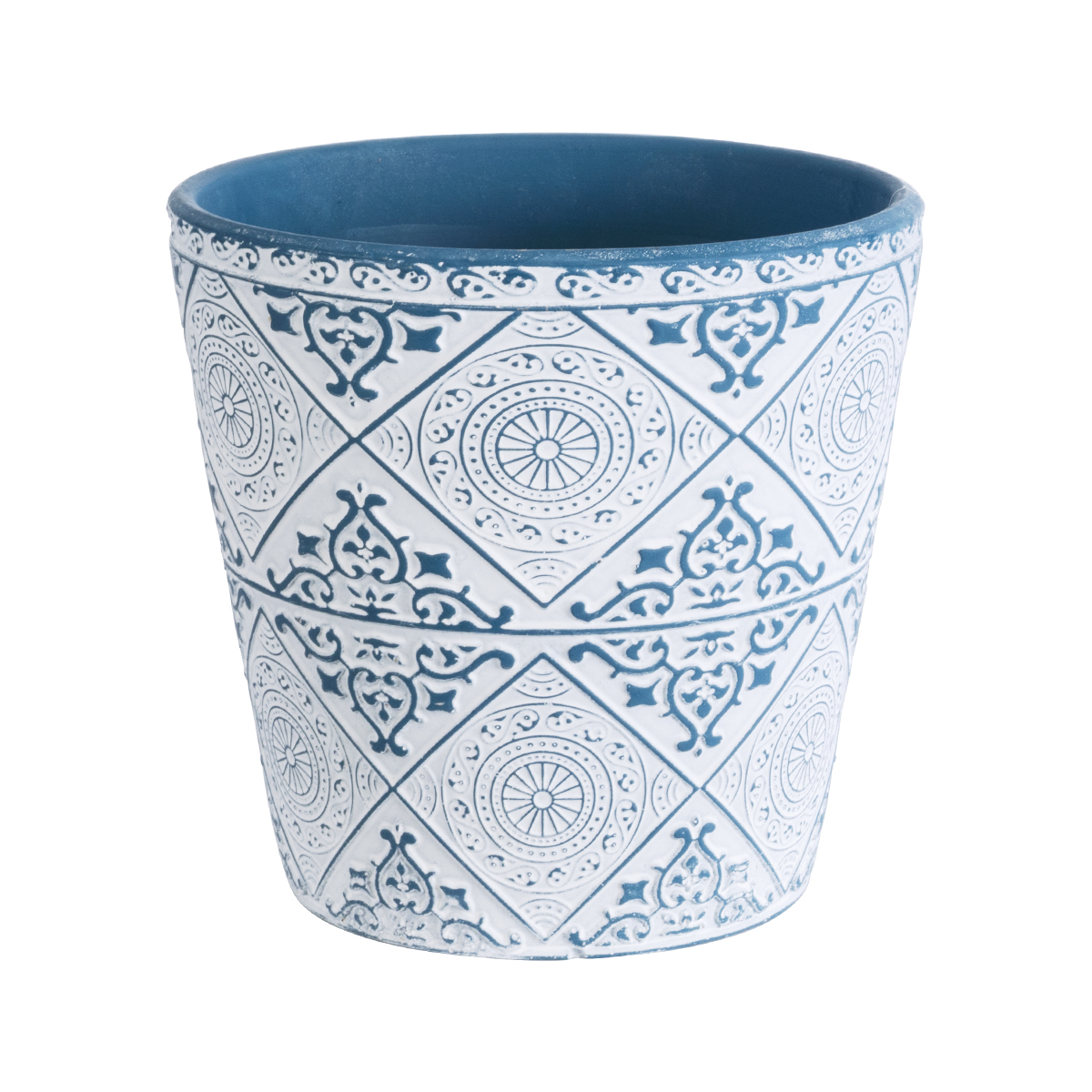 GloboStar® Artificial Garden CASABLANCA 20517 Διακοσμητικό Κεραμικό Κασπώ Γλάστρα – Flower Pot Λευκό με Μπλε Φ14 x Υ13cm