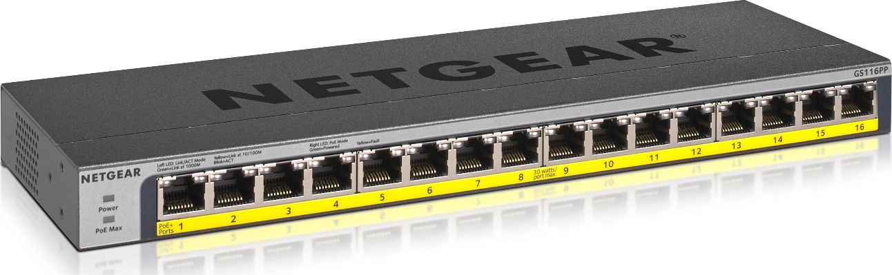 NetGear GS116PP Unmanaged L2 PoE+ Switch με 16 Θύρες Gigabit (1Gbps) Ethernet