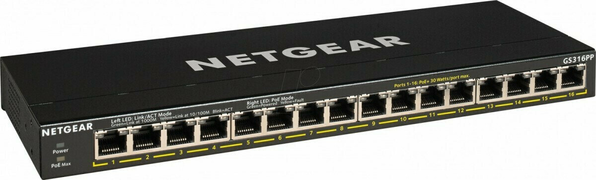 NetGear GS316PP-100EUS Unmanaged L2 PoE Switch με 16 Θύρες Gigabit (1Gbps) Ethernet