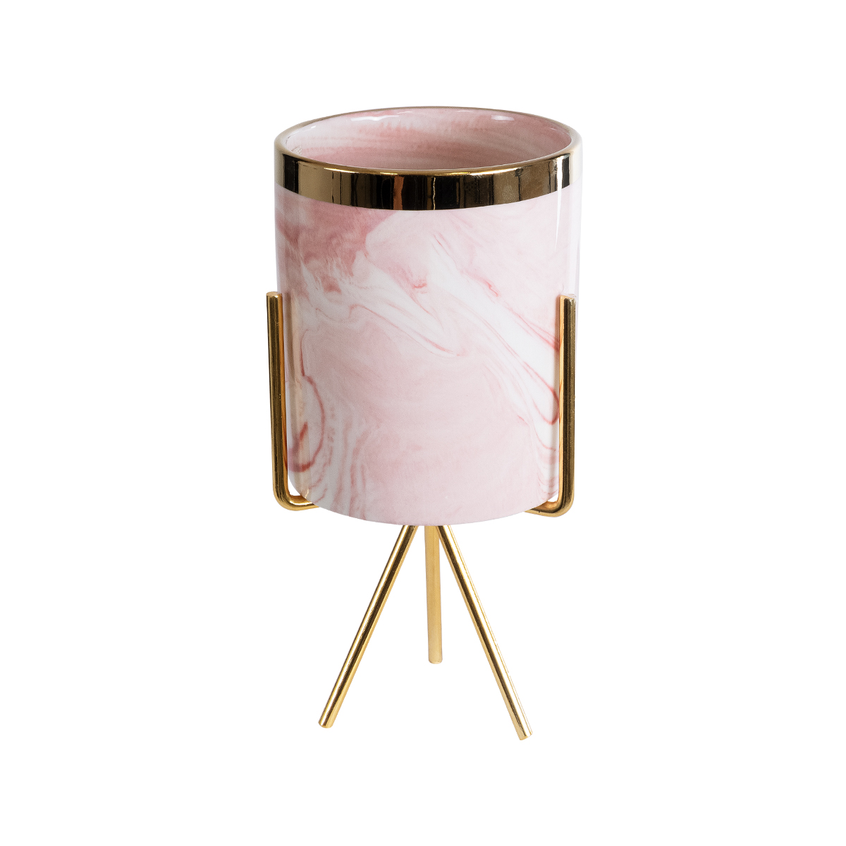GloboStar® Artificial Garden COLORADO 20566 Διακοσμητικό Κεραμικό Κασπώ Γλάστρα – Flower Pot Ροζ με Χρυσή Μεταλλική Βάση και Λευκές Λεπτομέρειες Φ8 x Υ17cm