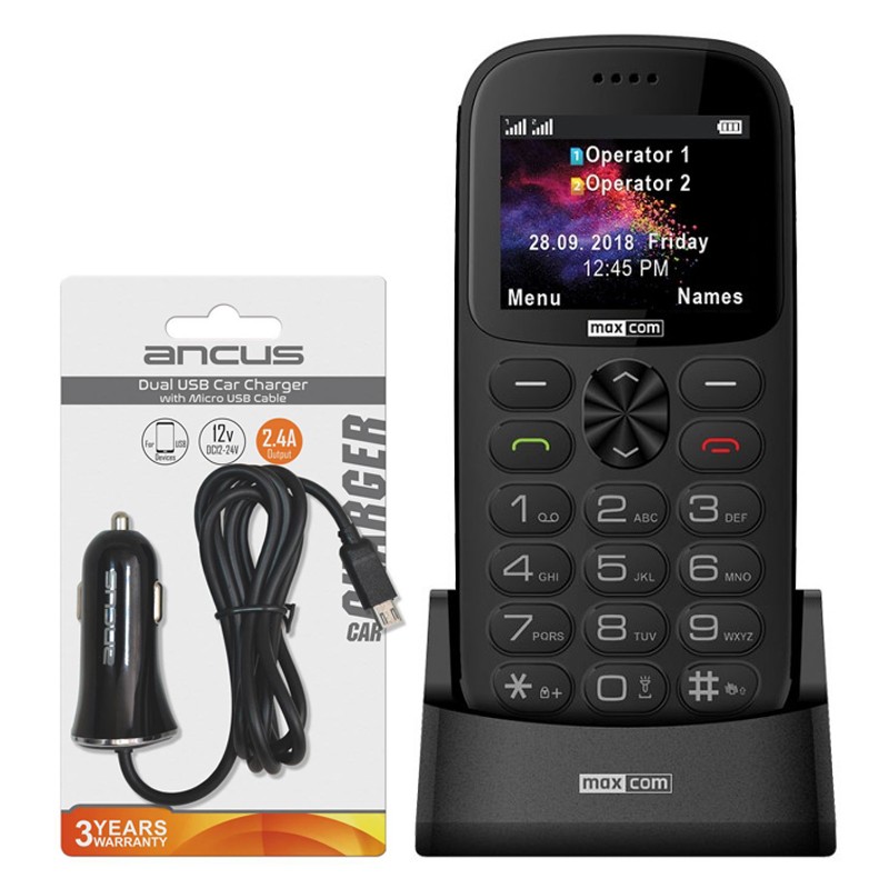 Maxcom MM471 Dual SIM 2.2″ με Βάση Φόρτισης, Bluetooth, Κουμπί SOS + Φορτιστής Αυτοκινήτου Ancus Micro USB