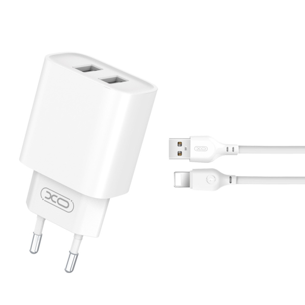 XO TRAVEL CHARGER CE02C 2 PORTS 2.1A + DATA CABLE LIGHTNING white