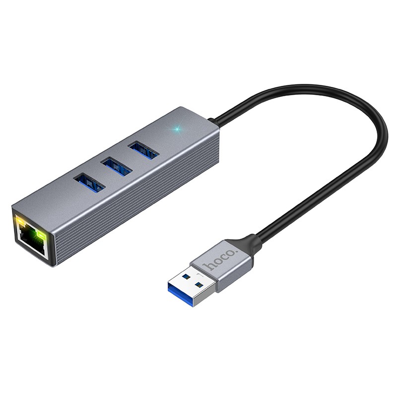 Αντάπτορας Hoco HB34 3 x USB σε USB 3.0 και RJ45  με Λειτουργία Μεταφοράς Δεδομένων 1000Mbps Γκρι