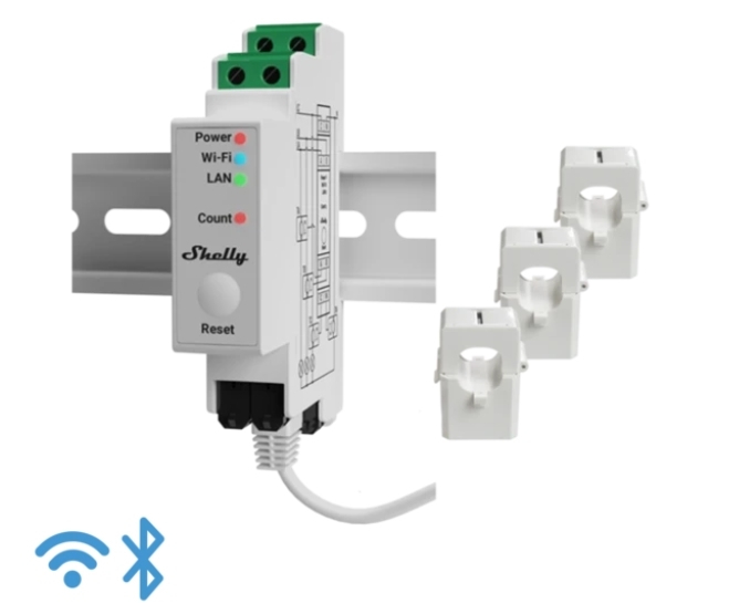 Shelly Relais “Pro 3EM 120A” WLAN LAN Stromzähler Inkl. 3x 120A Klemmen Messfunktion BT DIN-Rail