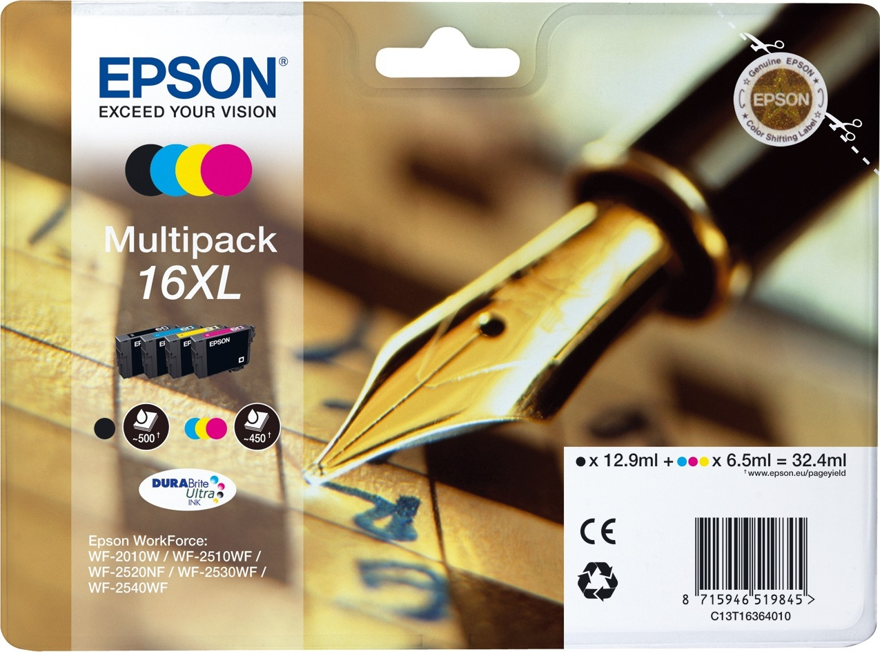 Epson 16XL Γνήσιο Πακέτο 4 Μελανιών Εκτυπωτή InkJet Κίτρινο / Κυανό / Ματζέντα / Μαύρο (C13T16364010 C13T16364012)