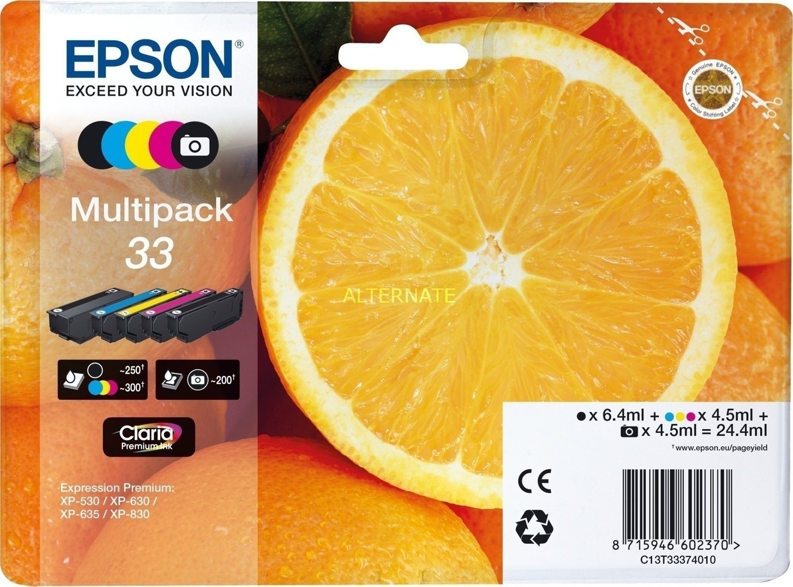 Epson 33 Γνήσιο Πακέτο 5 Μελανιών Εκτυπωτή InkJet Photo Μαύρο / Κίτρινο / Κυανό / Ματζέντα / Μαύρο (C13T33374010 C13T33374011)