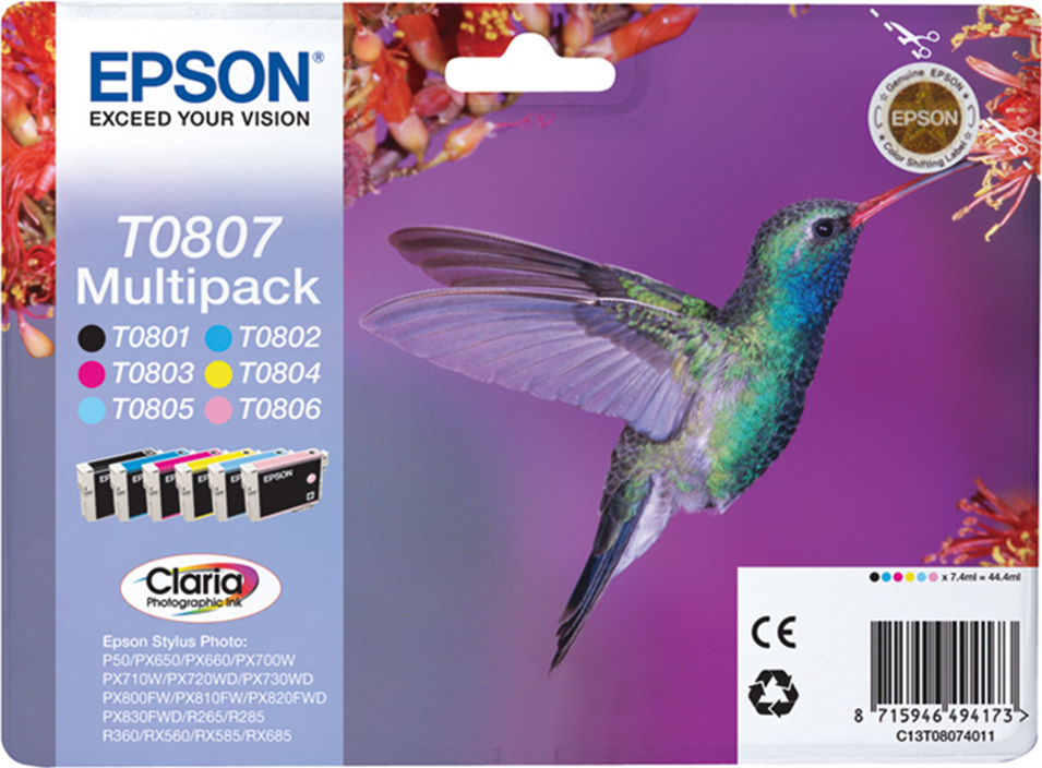 Epson T0807 Γνήσιο Πακέτο 6 Μελανιών Εκτυπωτή InkJet Ανοιχτό Κυανό / Ανοιχτό Ματζέντα / Κίτρινο / Κυανό / Ματζέντα / Μαύρο (C13T08074011 C13T08074020 C13T08074010)