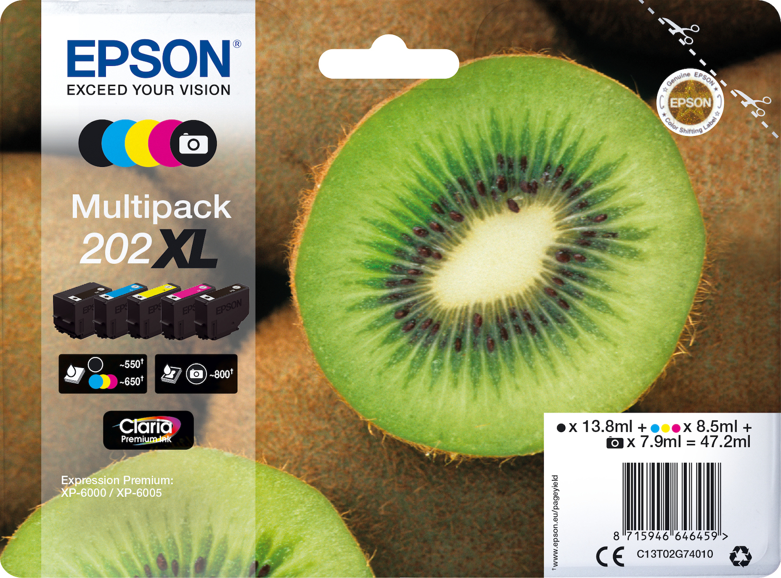 Epson 202XL Γνήσιο Πακέτο 5 Μελανιών Εκτυπωτή InkJet Photo Μαύρο / Κίτρινο / Κυανό / Ματζέντα / Μαύρο (C13T02G74010)