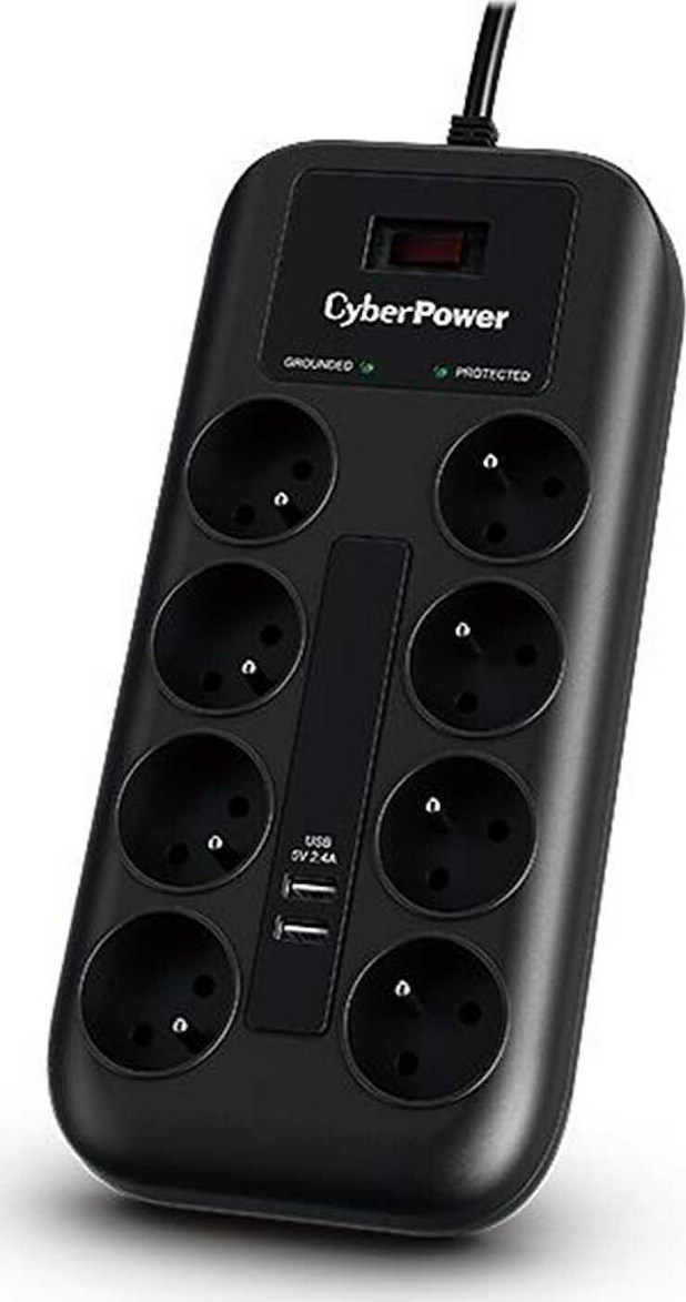 CyberPower Πολύπριζο Ασφαλείας 8 Θέσεων με 2 USB-A, Διακόπτη και Καλώδιο 1.8m