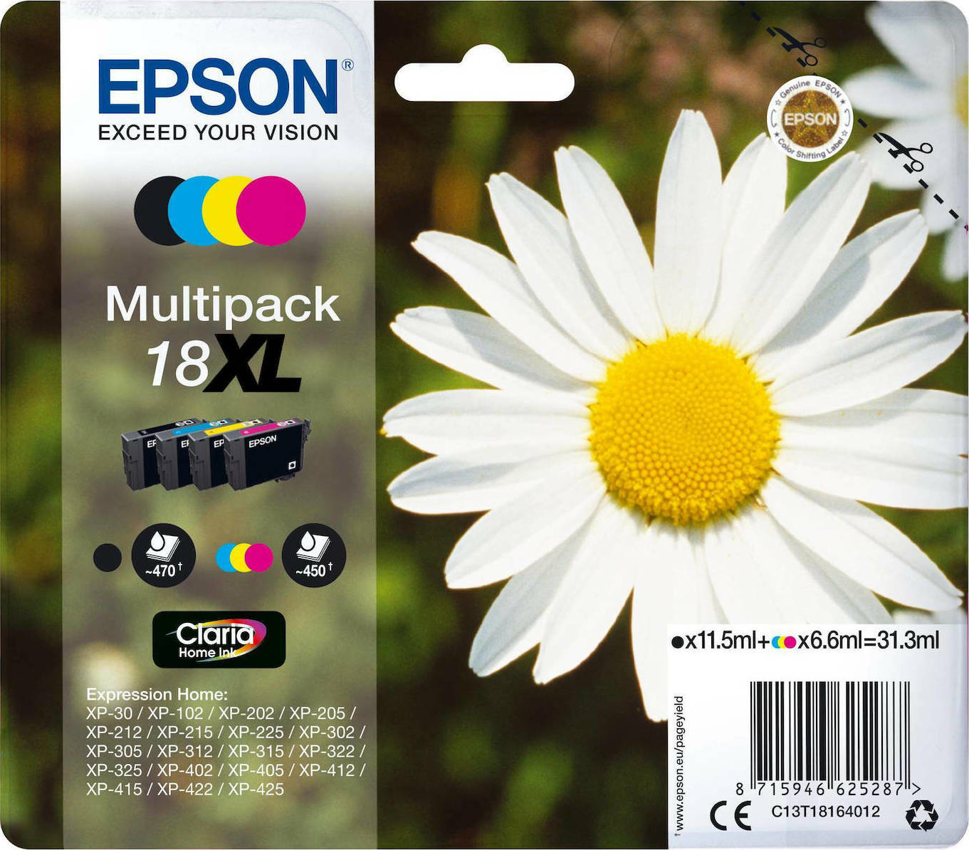 Epson 18XL Γνήσιο Πακέτο 4 Μελανιών Εκτυπωτή InkJet Κίτρινο / Κυανό / Ματζέντα / Μαύρο (C13T18164010 C13T18164012)
