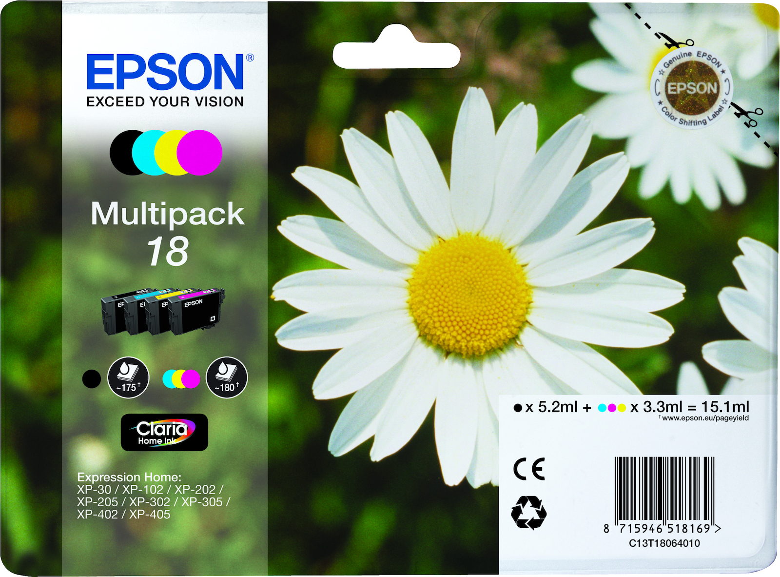 Epson 18 Γνήσιο Πακέτο 4 Μελανιών Εκτυπωτή InkJet Κίτρινο / Κυανό / Ματζέντα / Μαύρο (C13T18064010 C13T18064012)