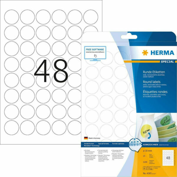 Herma 1200 Αυτοκόλλητες Ετικέτες Α4 Στρογγυλές 30mm