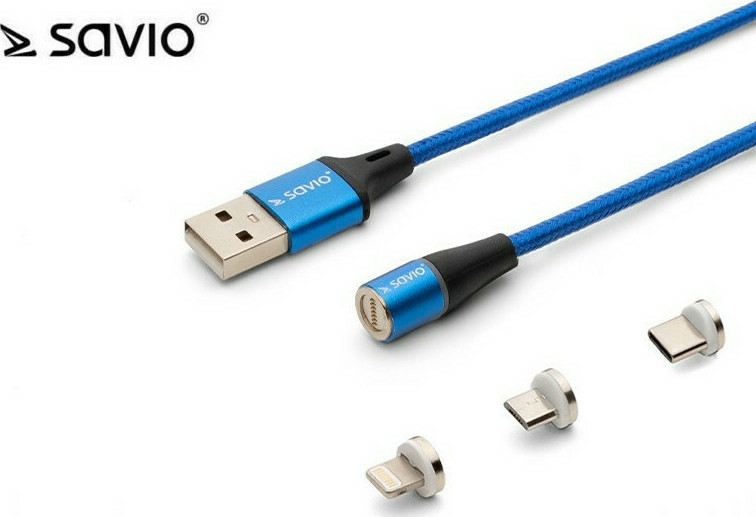 Savio Braided USB to Lightning / Type-C / micro USB Cable Μπλε 2m (CL-157)