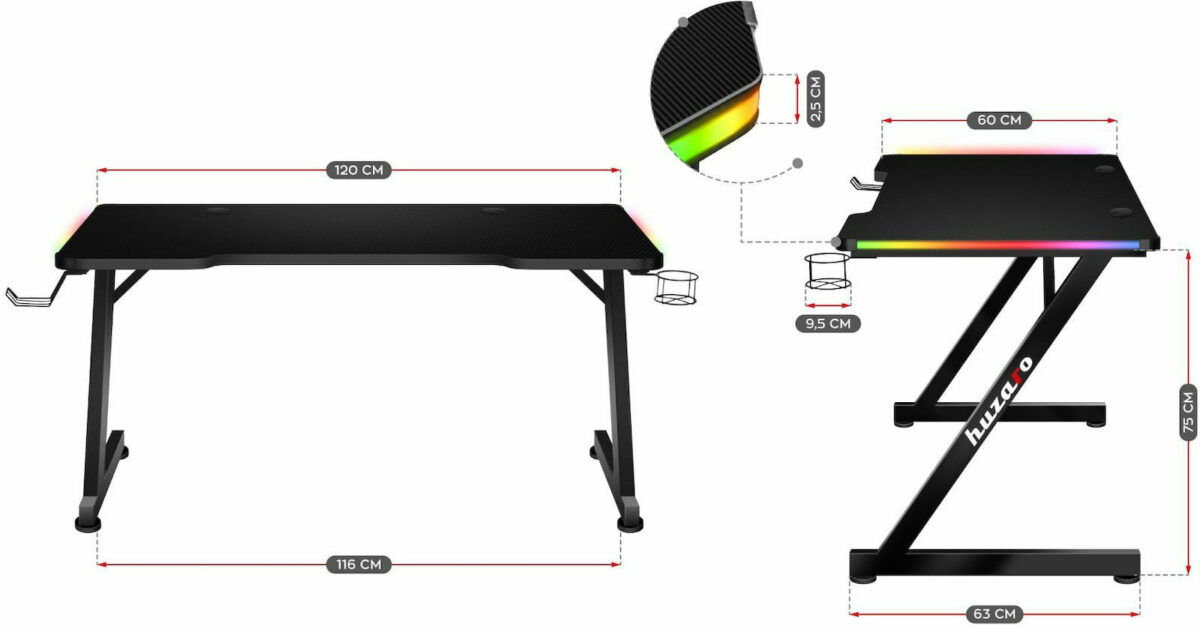 Γραφείο Gaming Hero 2.5 RGB με LED 120x60x75εκ. Μαύρο - Image 5