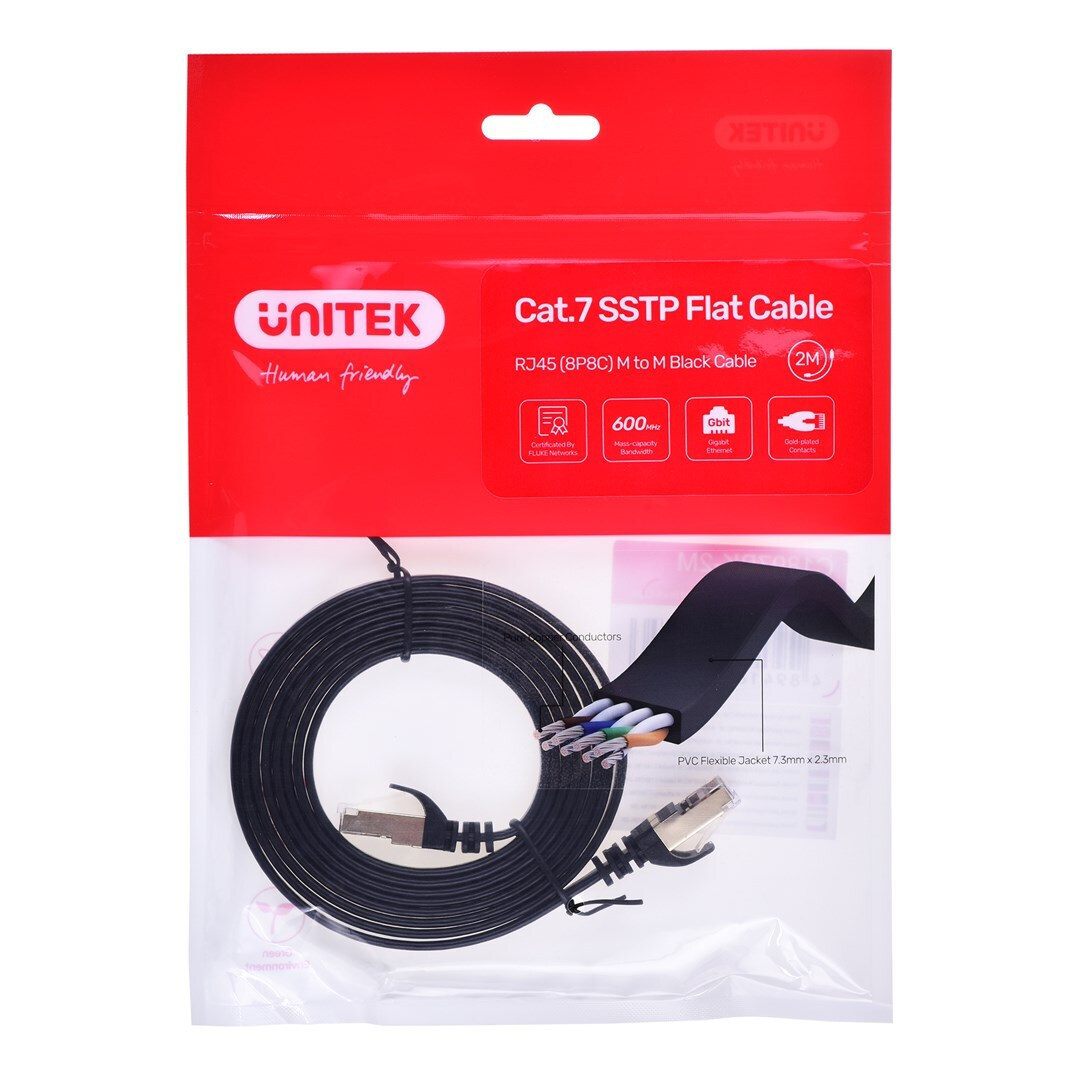 Unitek Flat U/UTP Cat.7 Καλώδιο Δικτύου Ethernet 2m Μαύρο 1τμχ