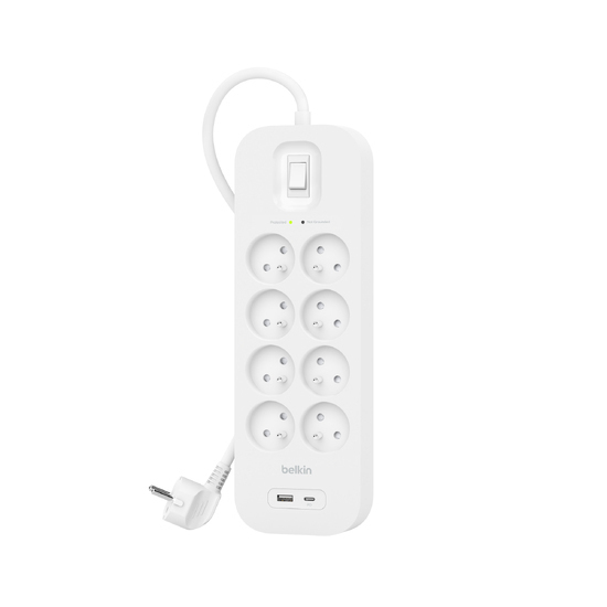 Belkin Πολύπριζο Ασφαλείας 8 Θέσεων με 1 USB-A, 1 USB-C και Καλώδιο 2m