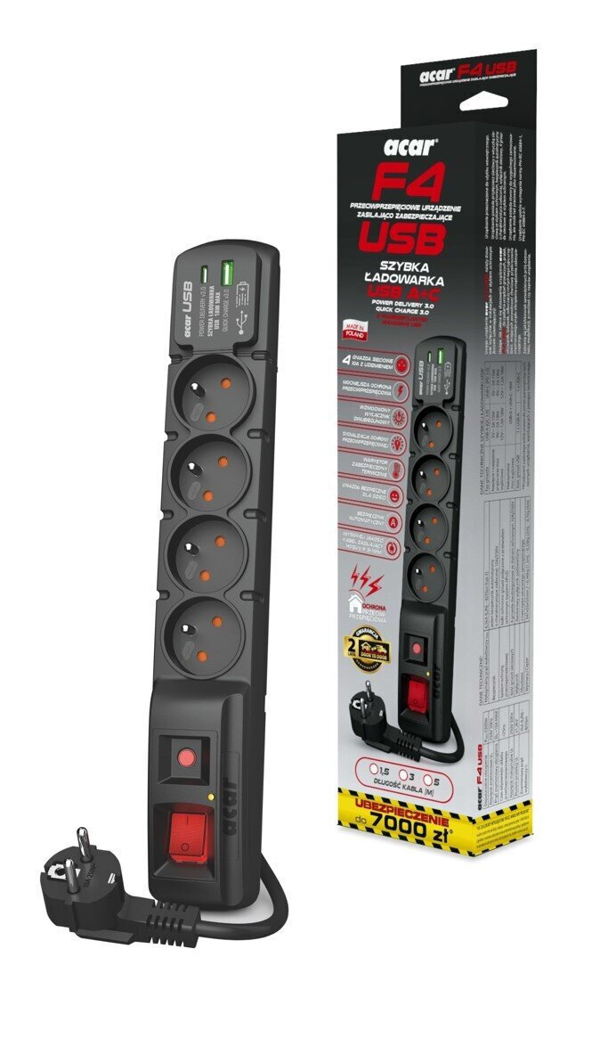 Acar Πολύπριζο Ασφαλείας 4 Θέσεων με 1 USB-A, 1 USB-C και Καλώδιο 3m