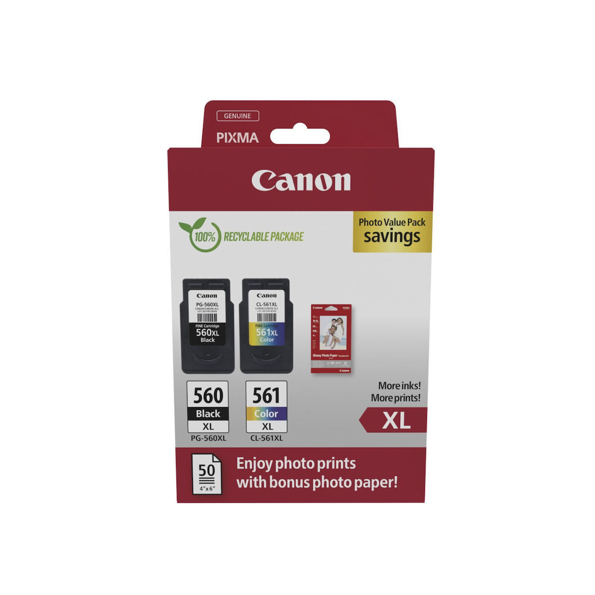 Canon PG-560XL Black & CL-561XL Colour Ink Cartridge + Photo Paper Value Pack Γνήσιο Photo Value Pack με 1 Μελάνι InkJet Μαύρο (3712C008)