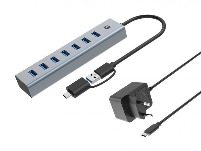 Conceptronic USB 3.0 Hub 7 Θυρών με σύνδεση USB-A / USB-C & Θύρα Φόρτισης και Εξωτερική Παροχή Ρεύματος Ασημί - Image 1