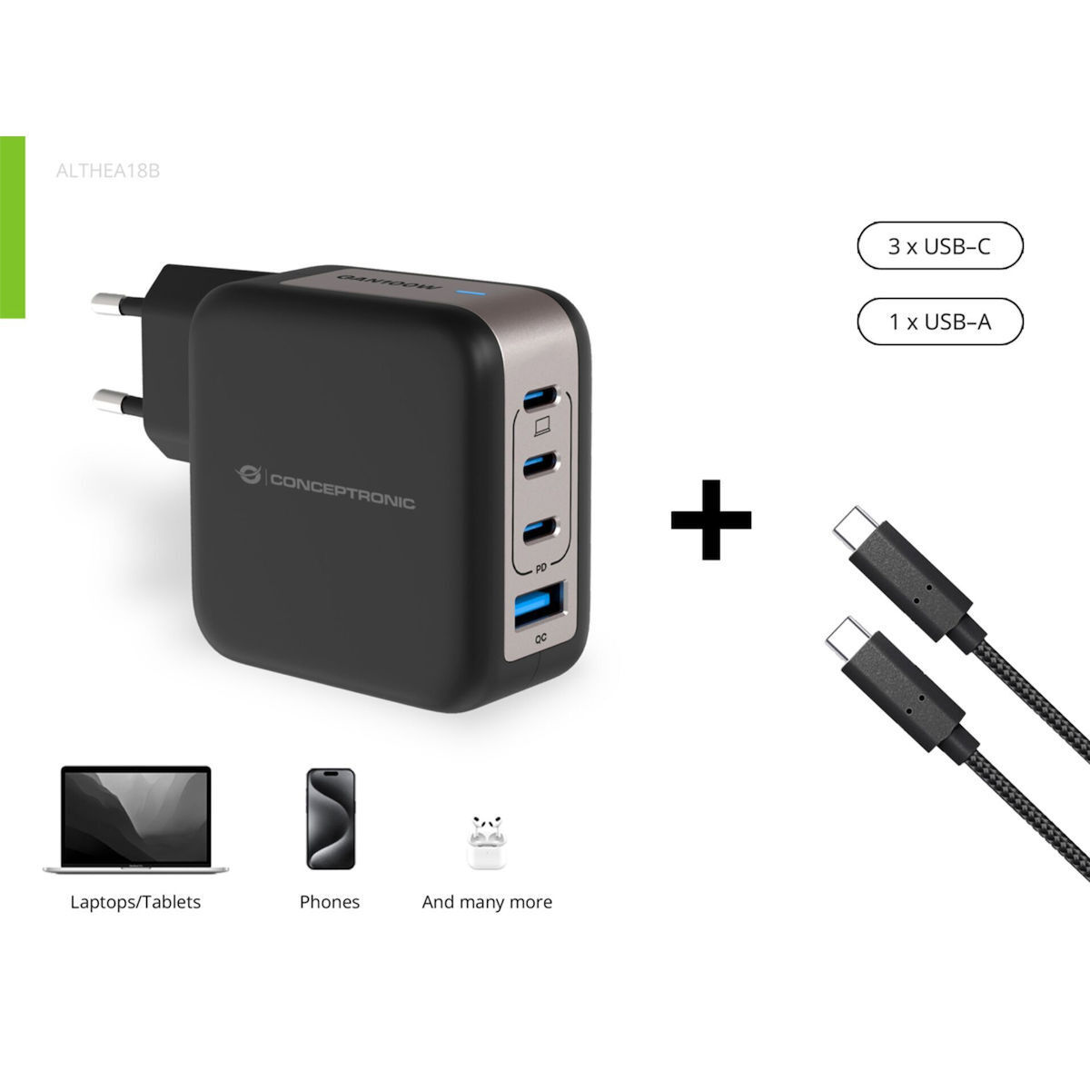 Conceptronic ALTHEA18B USB-C 100W με Καλώδιο USB-C - USB-C - Image 1