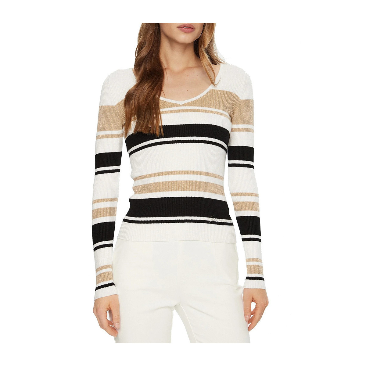 20250616221448_guess_gynaikeio_makrymaniko_poulover_me_v_laimokopsi_rige_white_black_gold_w5rr22z2y72_s04f Guess Πουλόβερ White, Black, Gold - Image 1