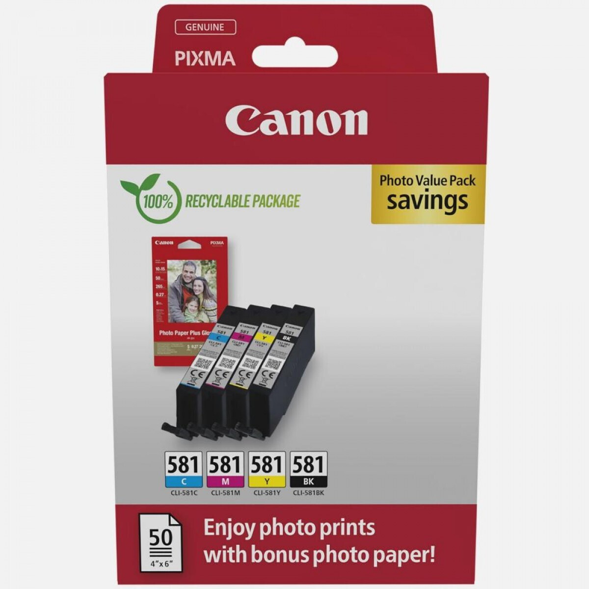 Canon Cli-581 Bk C M Y Γνήσιο Photo Value Pack με 1 Μελάνι InkJet Κυανό / Ματζέντα / Κίτρινο / Μαύρο (2106C006)