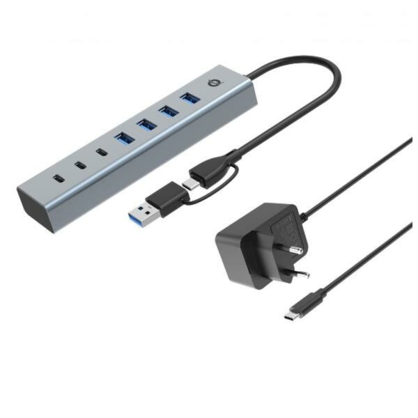 Conceptronic USB 3.2 Hub 7 Θυρών με σύνδεση USB-A / USB-C και Εξωτερική Παροχή Ρεύματος Ασημί
