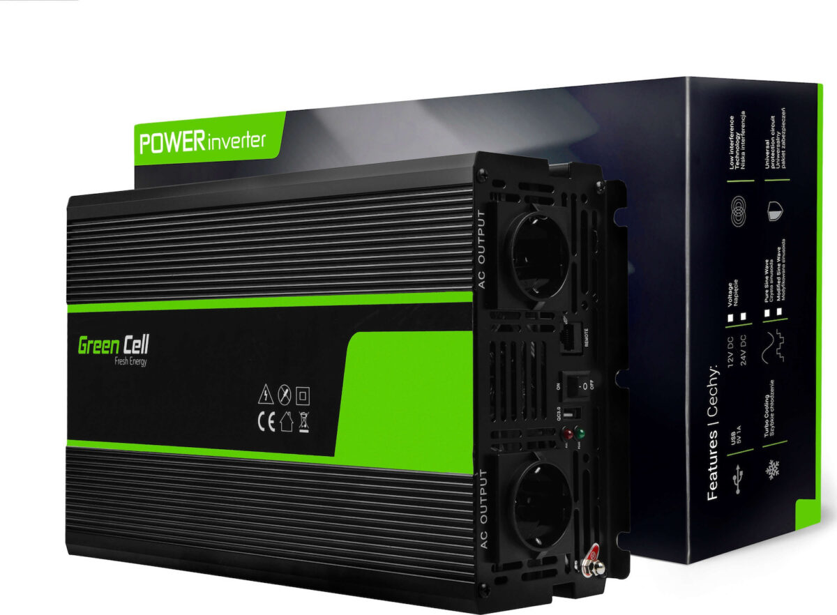 Green Cell Inverter Αυτοκινήτου Καθαρού Ημιτόνου 1500W για Μετατροπή 24V DC σε 230V AC με 1xUSB - Image 1