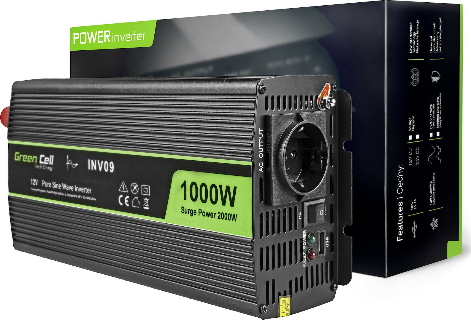20200904144919_20443137 Green Cell Inverter Αυτοκινήτου Καθαρού Ημιτόνου 2000W για Μετατροπή 12V DC σε 230V AC με 1xUSB - Image 2