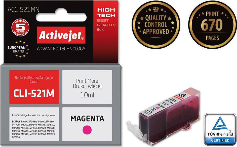 Active Jet Συμβατό Μελάνι Εκτυπωτή InkJet Canon CLI-521M 10ml Ματζέντα