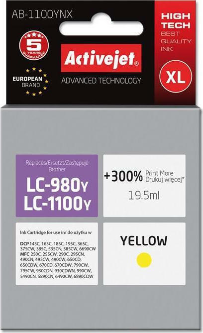 Active Jet Συμβατό Μελάνι Εκτυπωτή InkJet Brother LC-1100Y/LC-980Y 19.5ml Κίτρινο