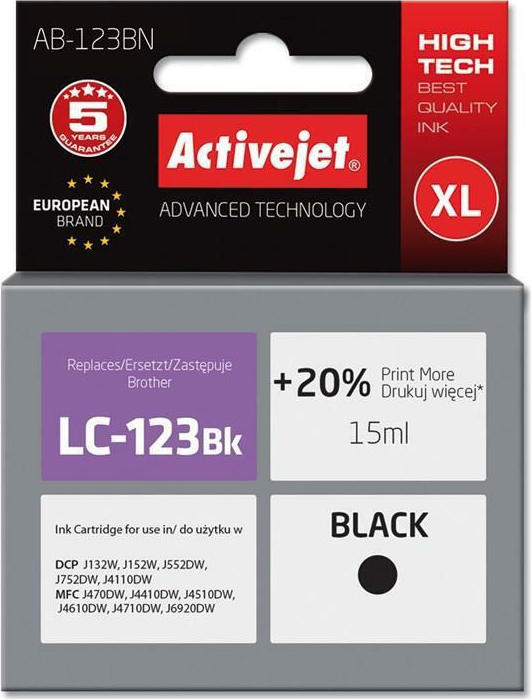 Active Jet Συμβατό Μελάνι Εκτυπωτή InkJet Brother LC123BK/LC121BK 15ml Μαύρο