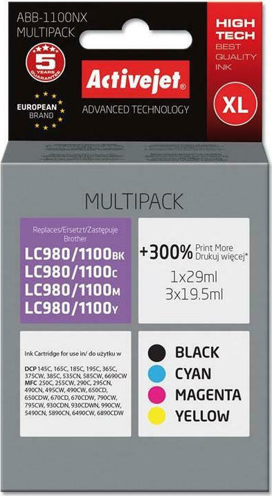 Active Jet Συμβατό Μελάνι Εκτυπωτή InkJet Brother LC980BK/C/M/Y LC1100BK/C/M/Y Πολλαπλό (Color) / Μαύρο