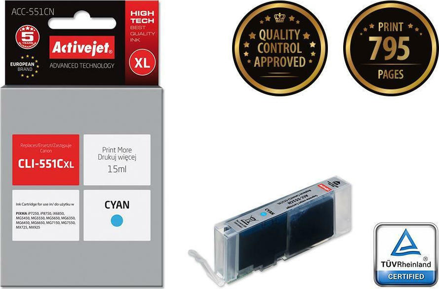 Active Jet Συμβατό Μελάνι Εκτυπωτή InkJet Canon CLI-551CXL 15ml Κυανό