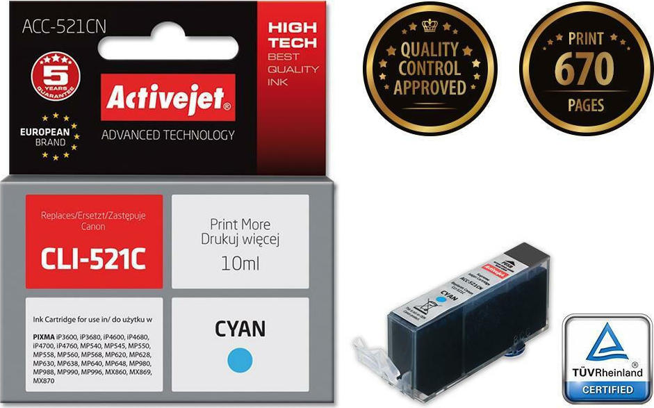 Active Jet Συμβατό Μελάνι Εκτυπωτή InkJet Canon CLI-521C 10ml Κυανό