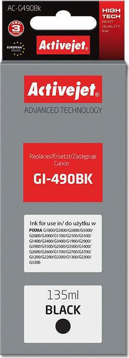 Active Jet Συμβατό Μελάνι Εκτυπωτή InkJet Canon GI-490BK 135ml Μαύρο