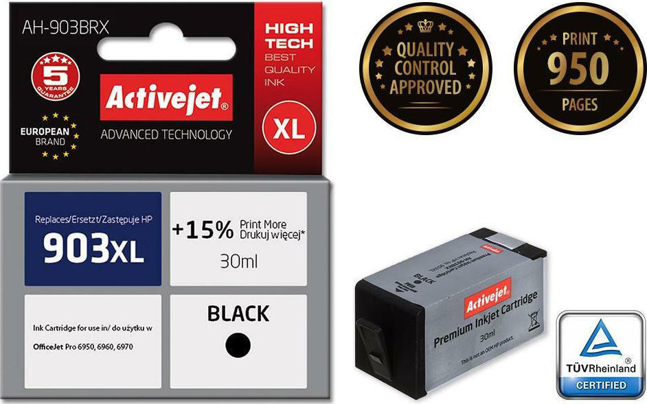 Active Jet Συμβατό Μελάνι Εκτυπωτή InkJet HP 903XL T6M15AE 950 Σελίδων 30ml Μαύρο