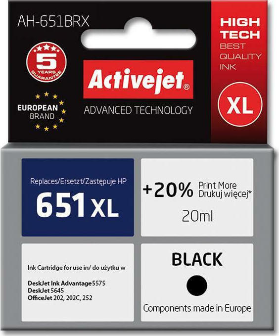 Active Jet Συμβατό Μελάνι Εκτυπωτή InkJet HP 651XL C2P10AE 720 Σελίδων 20ml Μαύρο