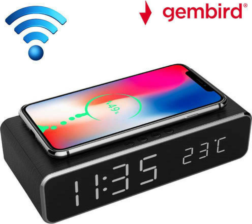 Gembird Επιτραπέζιο Ψηφιακό Ρολόι Charging Function Black με Ξυπνητήρι & Ασύρματη Φόρτιση DAC-WPC-01