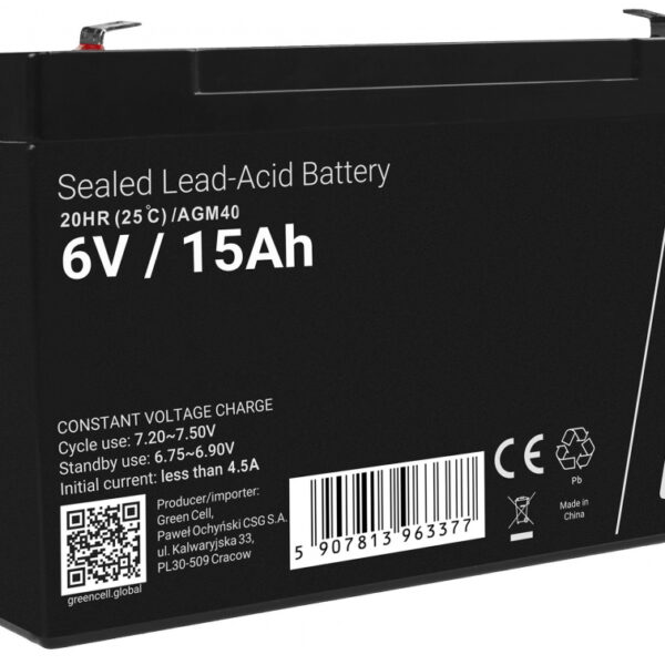 Green Cell με Χωρητικότητα 15Ah και Τάση 6V AGM40 1τμχ