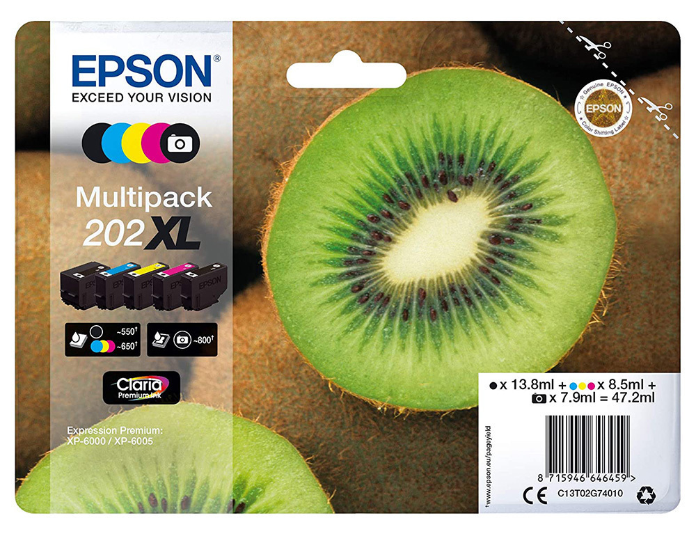 Epson 202XL Γνήσιο Πακέτο 5 Μελανιών Εκτυπωτή InkJet Κίτρινο / Κυανό / Ματζέντα / Μαύρο (C13T02G74020)