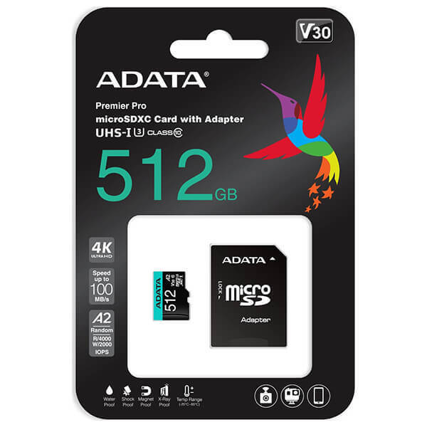 Adata High Endurance microSDXC 512GB Class 10 U3 V30 A2 UHS-I με αντάπτορα